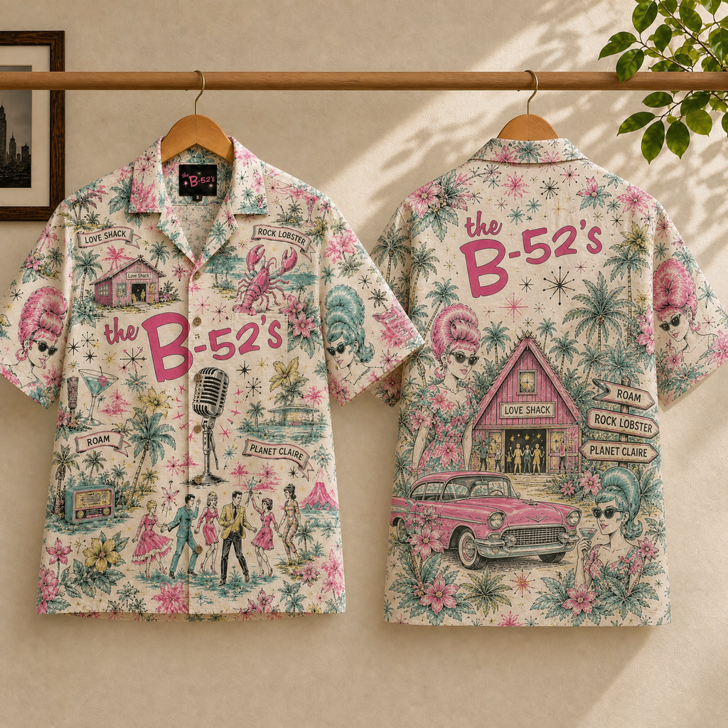 The B-52’s Retro Tropical Hawaiian Shirt – Unisex Rock Band Beach Vacation Button-Up QH