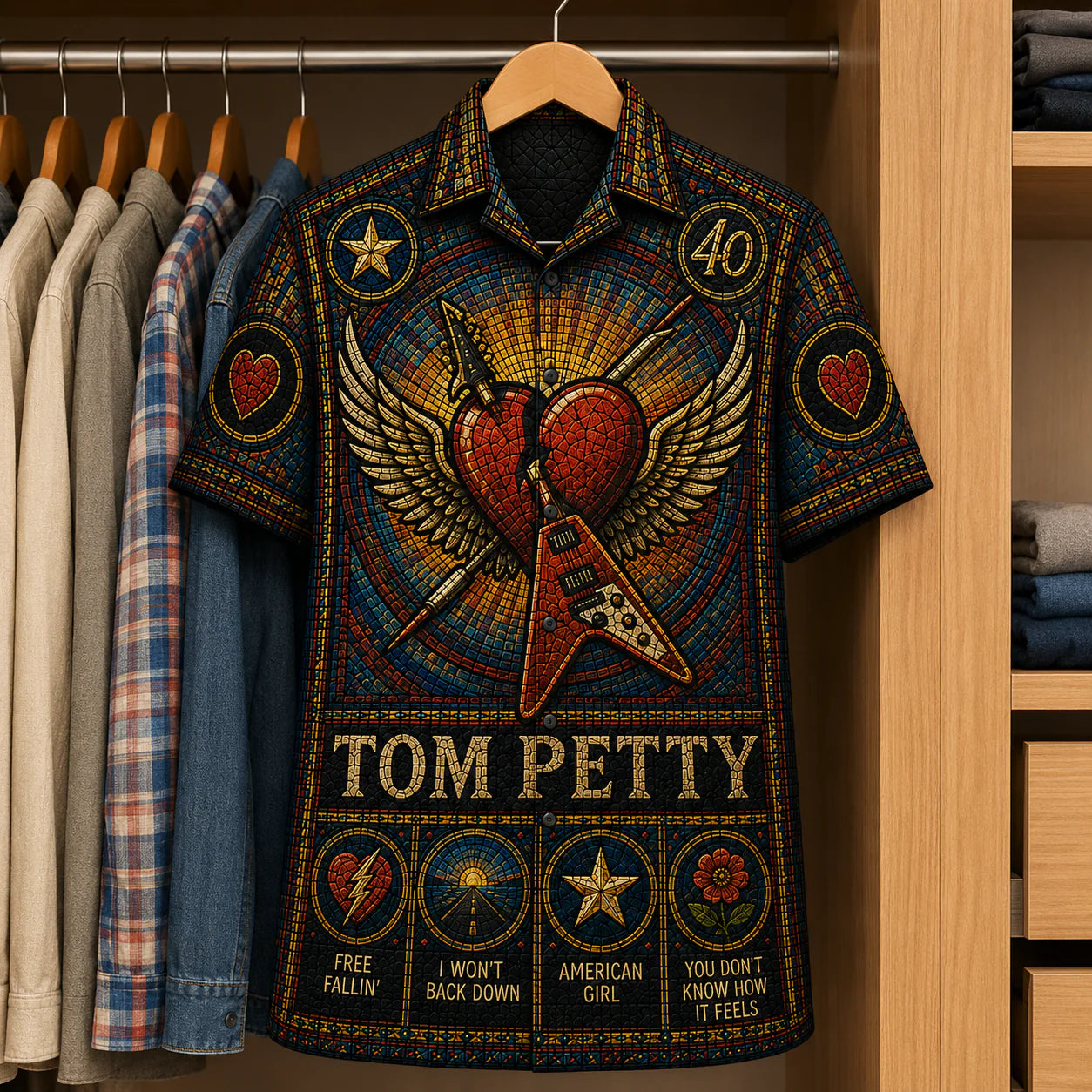 Tom Petty Stained Glass Hawaiian Shirt – Unisex Rock Fan Button-Up